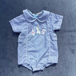 Vintage Blue Baby Romper with Embroidered Animals EUC